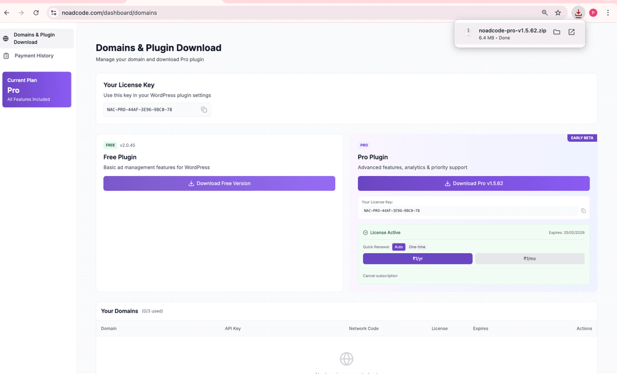 NoAdCode Downloads page showing Free and Pro plugin options