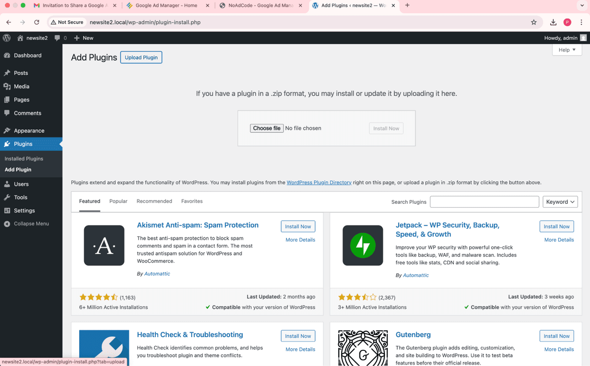WordPress Add Plugin page with upload interface