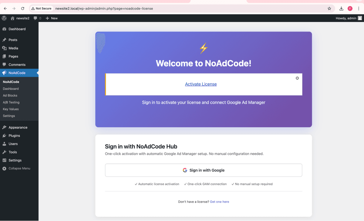 NoAdCode welcome screen with setup options