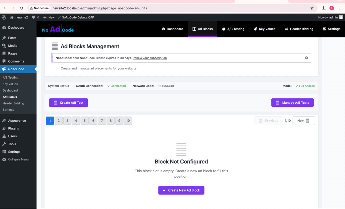 NoAdCode Ad Blocks list page in WordPress admin
