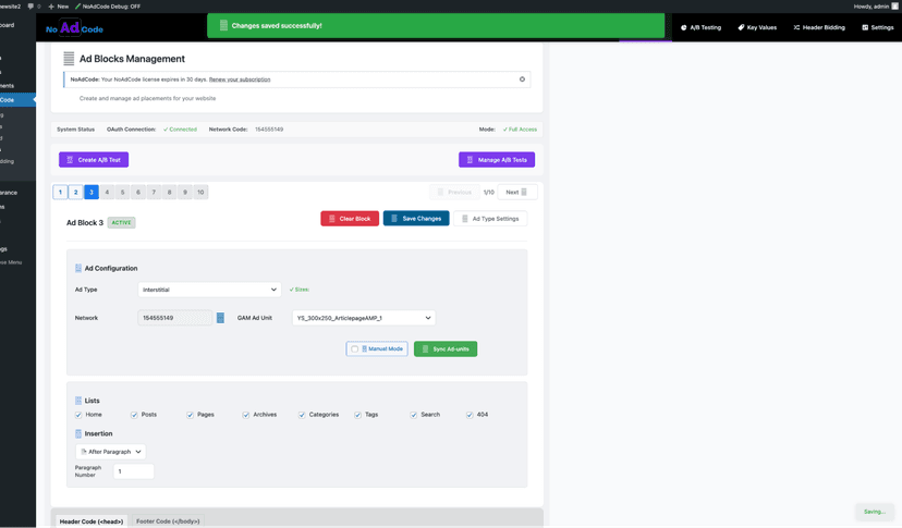 NoAdCode Interstitial Ad configuration showing three modes
