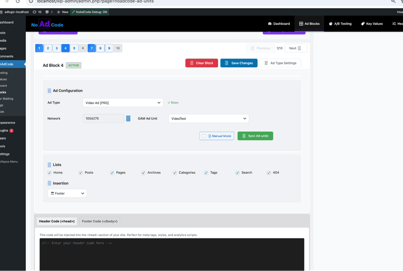 NoAdCode Video Ad configuration with content URL and VAST tag