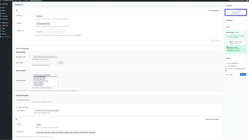 NoAdCode Video Ad full settings panel