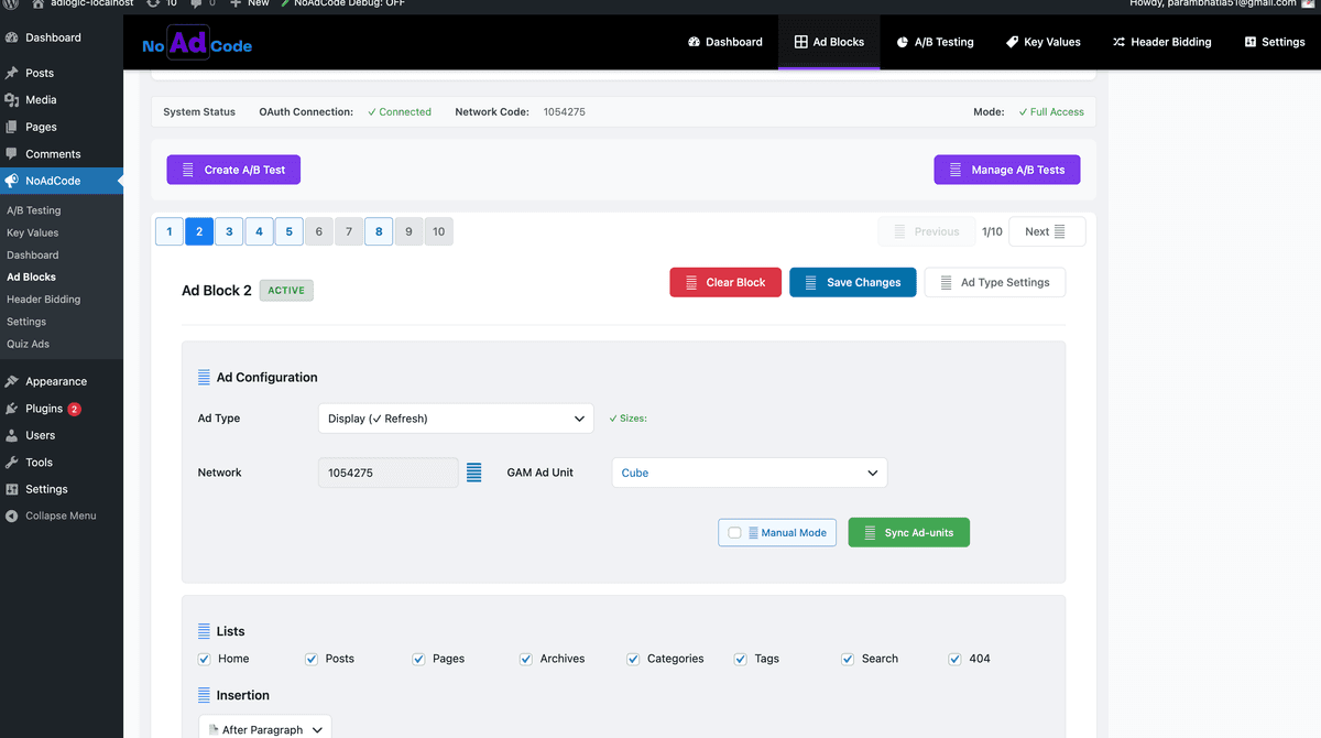 NoAdCode Ad Blocks page with Create A/B Test button