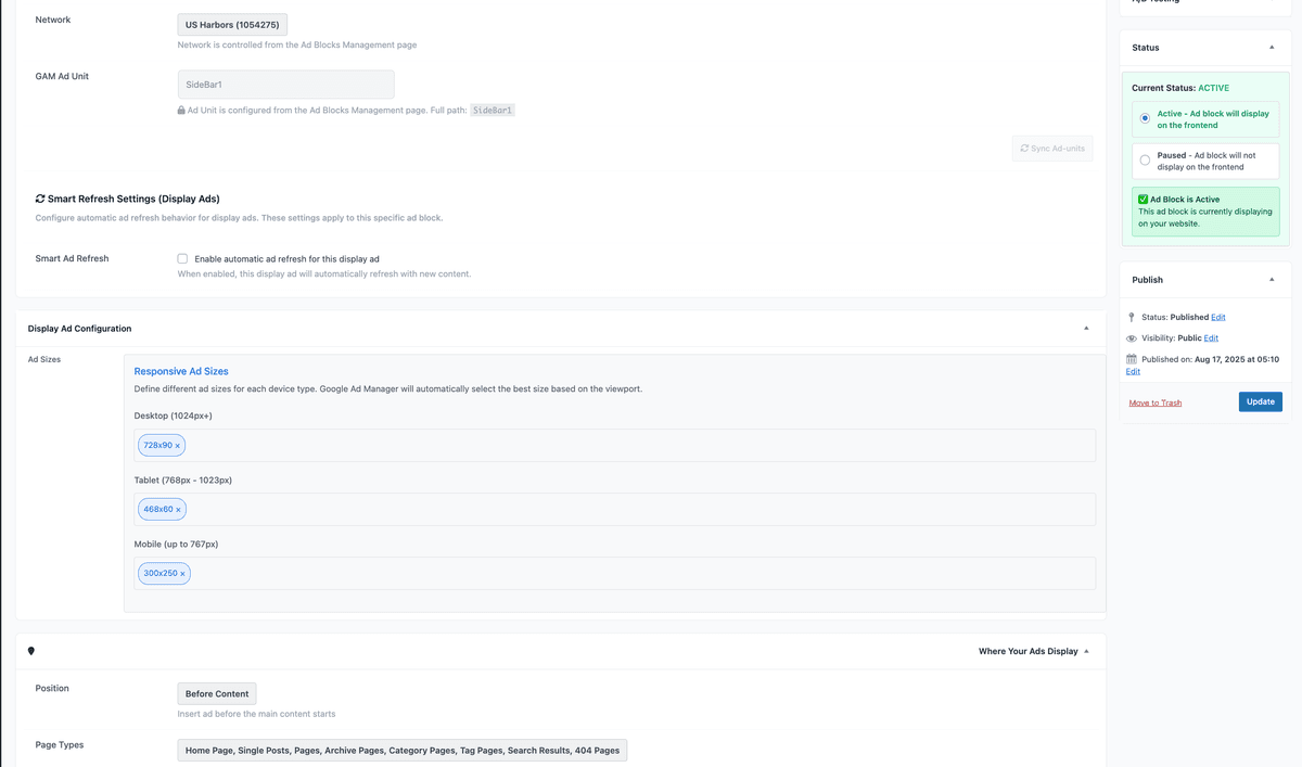 NoAdCode ad block inside configuration showing responsive ad sizes for Desktop, Tablet, and Mobile devices