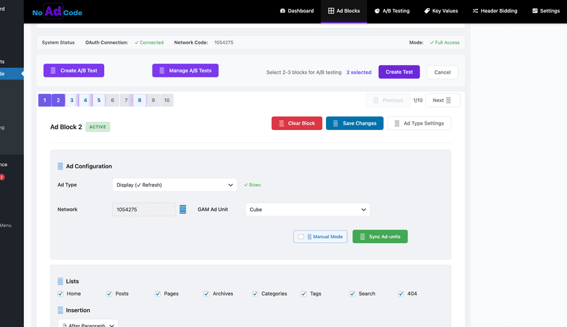 Ad blocks with 2 blocks selected (highlighted in purple)