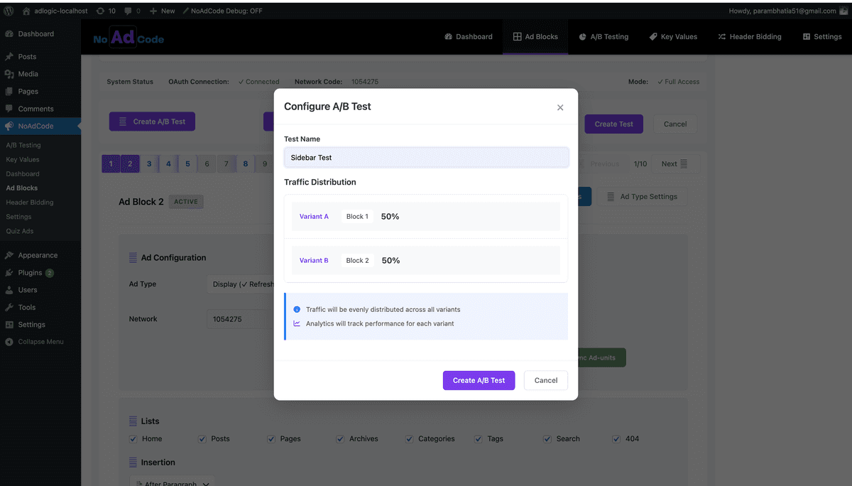 Configure A/B Test modal with test name and traffic distribution