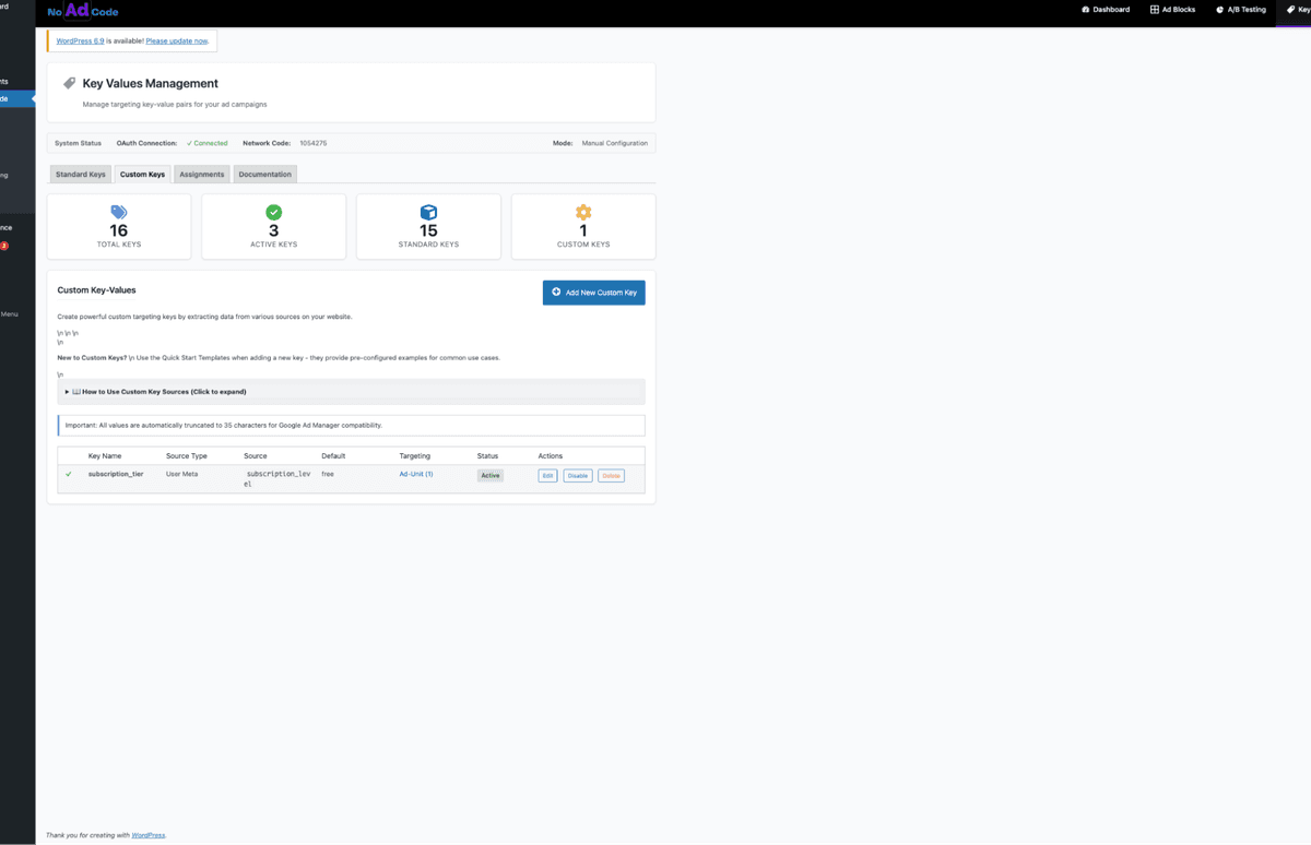 NoAdCode Custom Keys tab showing custom key-values management